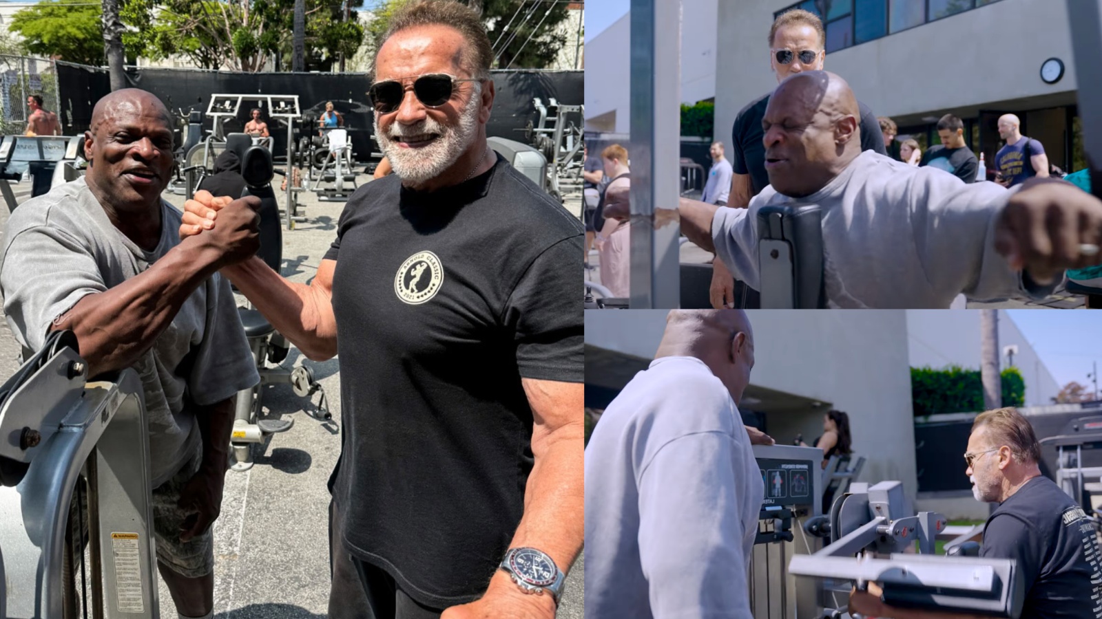 Les icônes de M. Olympia Arnold Schwarzenegger et Ronnie Coleman font équipe pour Delt et ARM Workout à Gold's Gym Venise - Fitness Volt
